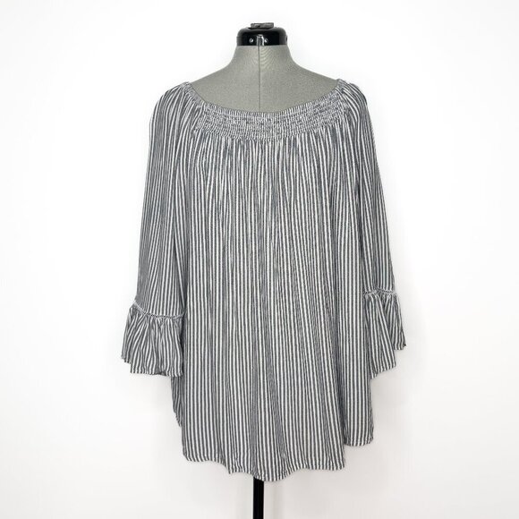 Terra & Sky Tops - Terra & Sky Striped Off-the-Shoulder Smocked Boho Blouse - 1XL